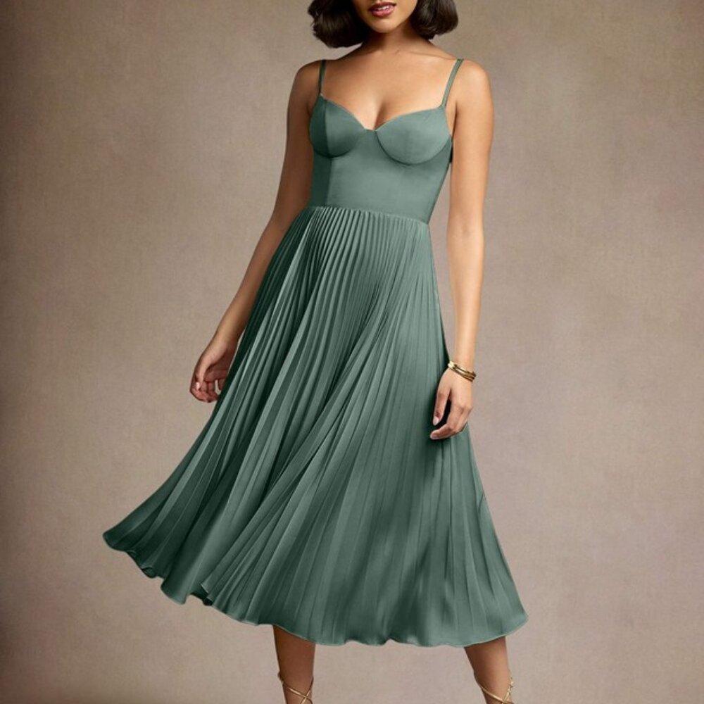 Azazie Dulcie Eucalyptus Pleated Midi Dress
